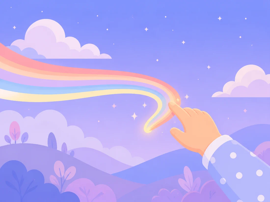 A small hand drawing a softly glowing rainbow trail